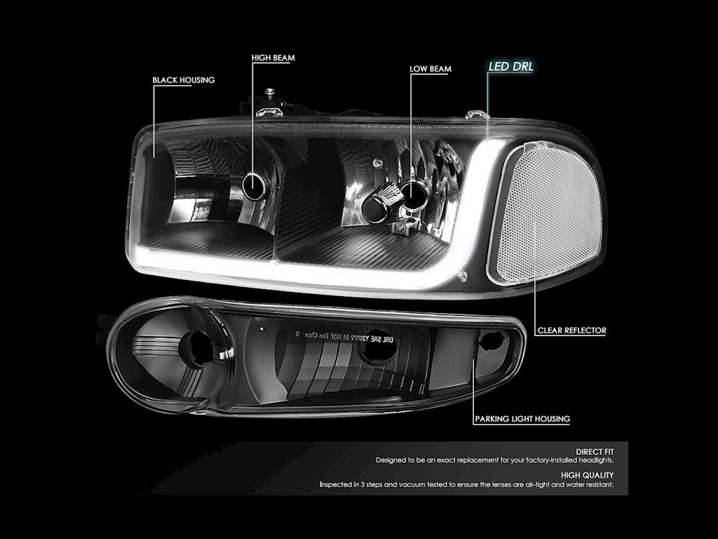 2001-2007 GMC SIERRA/YUKON DENALI LED DRL BLACK CLEAR HEADLIGHTS+