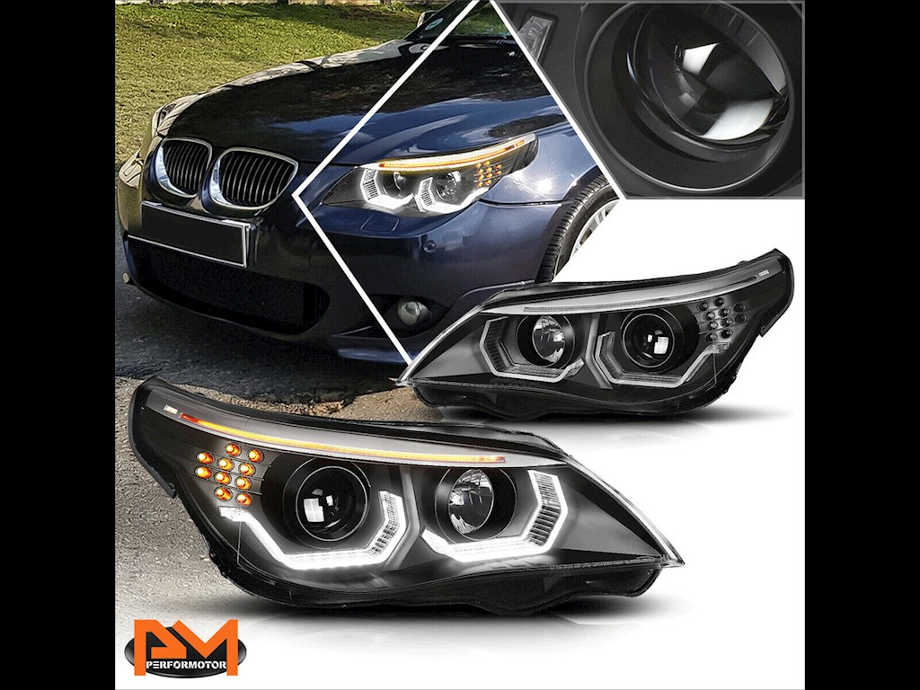2004-2007 BMW 5-Series E60 LED U-Halo+Turn Signal Projector Headlight/Lamp  Black